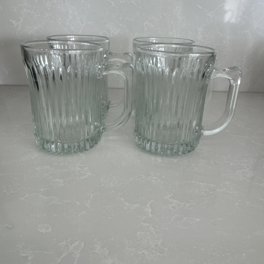 4 Gibson Royal Crest Mugs Set Clear Vertical Ribbed Line Drinking Mug Coffee/tea